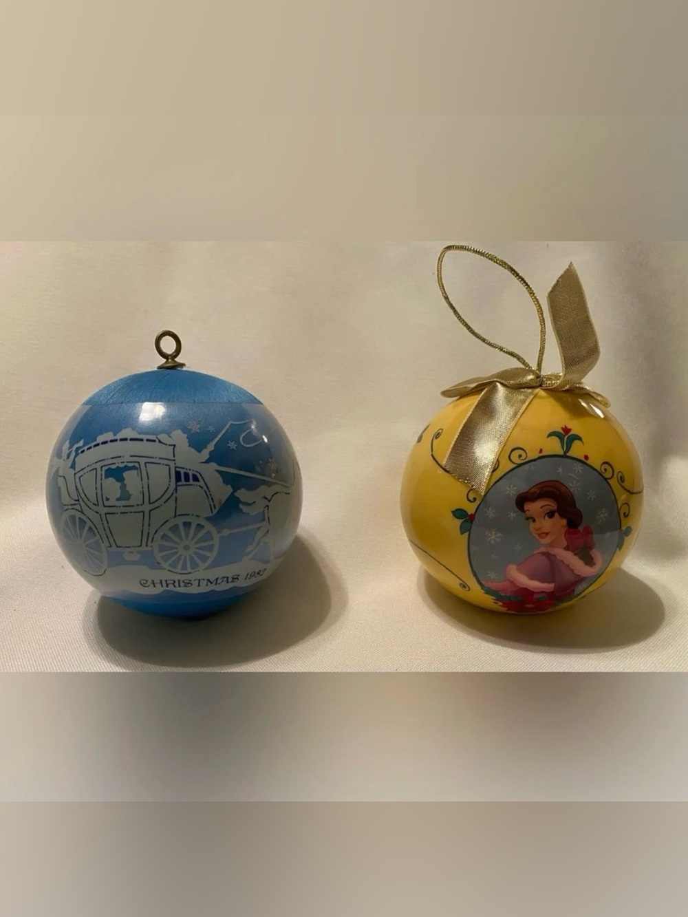 Hallmark 1982 Moments Of Love Satin Ball & Disney Belle 3" RARE Ornaments Set 2